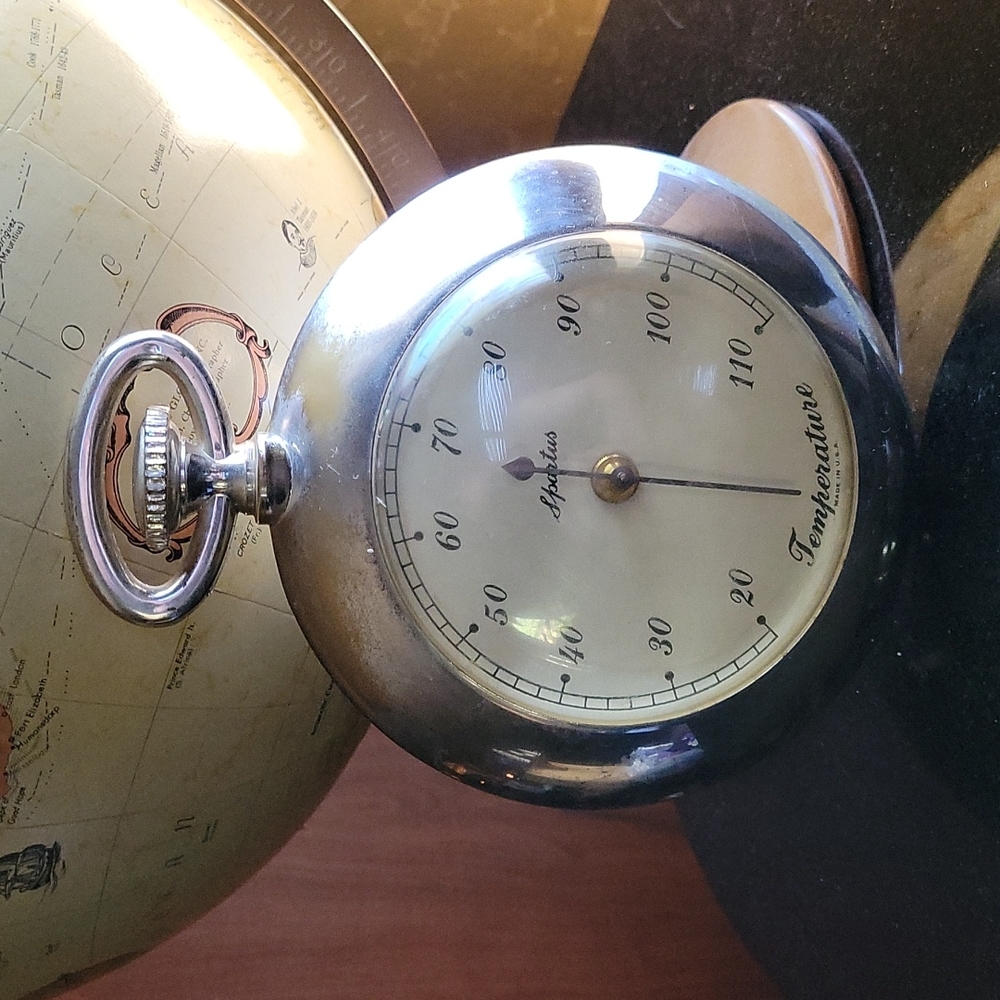 Vintage Spartus patina thermometer shaped like a pocket watch